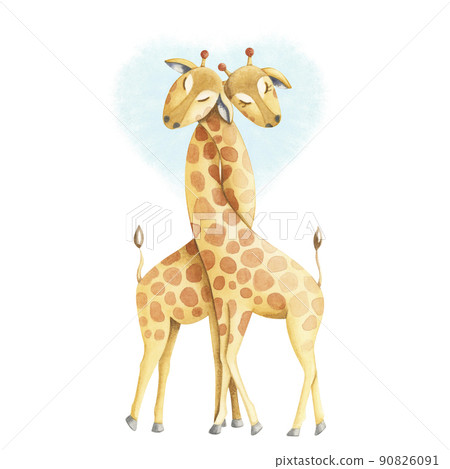 Cute watercolor illustration with giraffes and hearts Cute watercolor illustration with giraffes and hearts 90826091