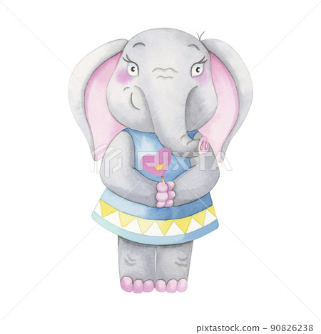 Happy Birthday to You. Elephant. Cute cartoon character. Balloons and hats. Birthday card. flat design. Children's greeting card template. Watercolor 90826238