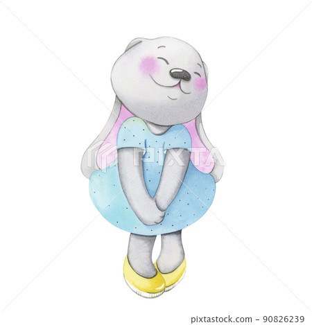 Happy Birthday to You. Hare. Cute cartoon character. Balloons and hats. Birthday card. flat design. Children's greeting card template. Watercolor 90826239