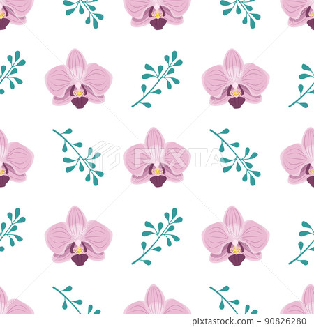 Cute stylish seamless pattern with pink orchid flowers and twigs. Spring print is suitable for textiles, wrapping paper, various designs. Flat vector illustration 90826280