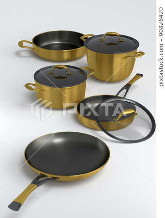 Set of stewpot, frying pan and chrome plated cookware on white background 90826420