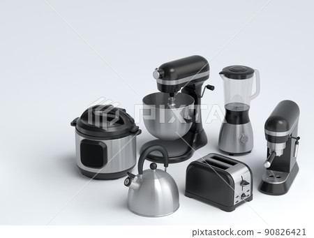 Electric kitchen appliances and utensils for making breakfast on white 90826421