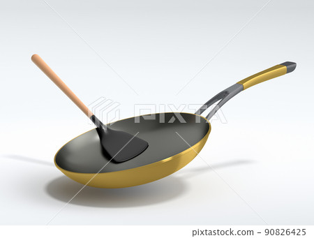 Frying pan with glass lid and silicon solid turner on white background. Frying pan with glass lid and silicon solid turner on white background. 90826425