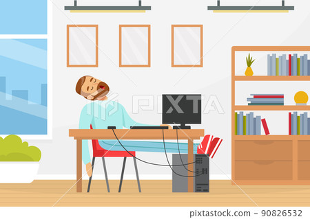 Bearded Man Character Sleeping at Computer Desk with His Head Thrown Back Vector Illustration 90826532