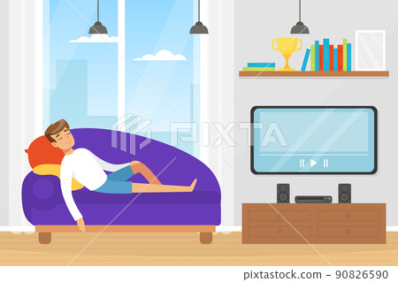 Man Character Sleeping Lying on Sofa in Front of Television Vector Illustration 90826590