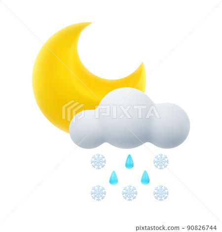 3D Cartoon Weather Icon of Night Sleet. Sign of Cloud, Crescent Moon and Rain with Snow Isolated on White Background. Vector Illustration of 3d Render. 90826744