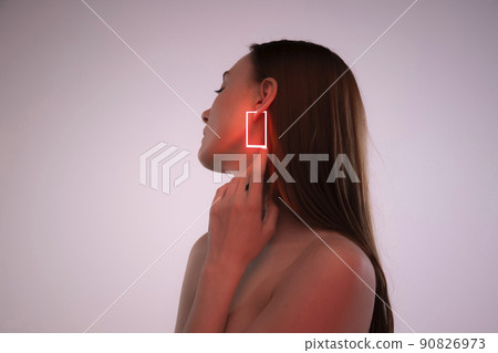 Portrait of tender young girl with neon colored accessories, earrings in square shape posing isolated over pink background Portrait of tender young girl with neon colored accessories, earrings in square shape posing isolated over pink background 90826973