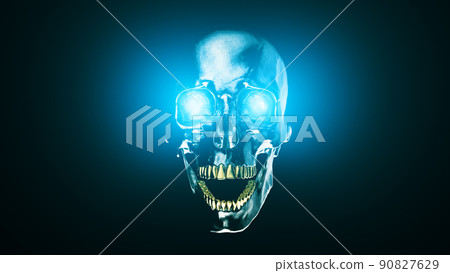 Steel Human Skull with blue glowing eyes 3d render 90827629
