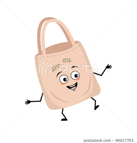 Cute character fabric bag with happy emotions, joyful face, smile eyes, arms and legs. Shopper with funny face, ecological alternative to plastic bag. Vector flat illustration Cute character fabric bag with happy emotions, joyful face, smile eyes, arms and legs. Shopper with funny face, ecological alternative to plastic bag. Vector flat illustration 90827763