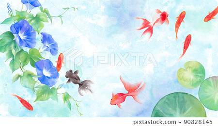 夏季圖像背景由金魚、牽牛花和睡蓮葉組成。水彩插圖。對炎熱的同情。 90828145