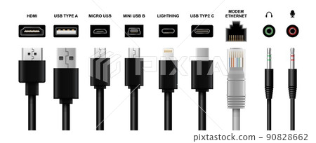 Computer cable, plug, wire realistic vector mockup Computer cable, plug, wire realistic vector mockup 90828662