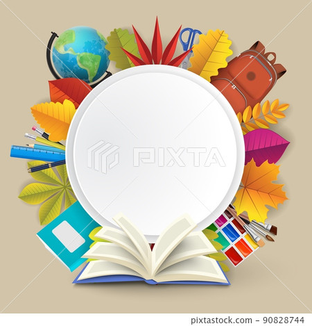 Back to school card with supply and autumn leaves 90828744