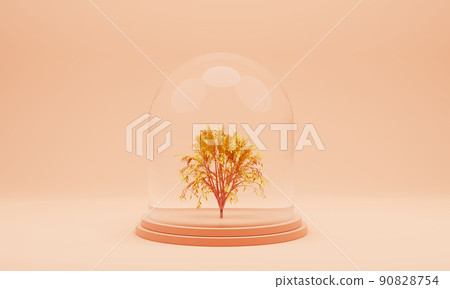 Protected golden tree in a glass jar on light blue background, 3d render 90828754