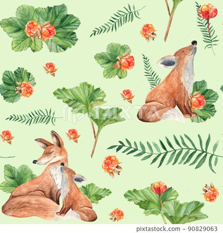 Seamless pattern with cute foxes, cloudberries and green twigs. Watercolor hand drawn illustration. 90829063