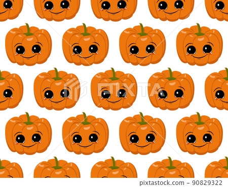 Seamless pattern with pumpkins, face and smile. Halloween party decoration. Vegetable print with a smirk. Festive background for paper, textile, holiday and design 90829322