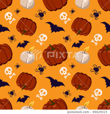 Seamless pattern with pumpkins, candles, spiders, bats and skulls. Halloween festive autumn decoration. October holiday background Seamless pattern with pumpkins, candles, spiders, bats and skulls. Halloween festive autumn decoration. October holiday background 90829323