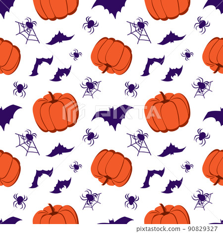 Seamless pattern with pumpkins, bats and spiders. Halloween party decoration. Festive background for paper, textile, holiday and design Seamless pattern with pumpkins, bats and spiders. Halloween party decoration. Festive background for paper, textile, holiday and design 90829327