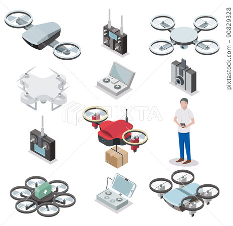 Drone quadcopter or unmanned aerial vehicle icon set. Vector flat isometric illustration isolated on white background Drone quadcopter or unmanned aerial vehicle icon set. Vector flat isometric illustration isolated on white background 90829328