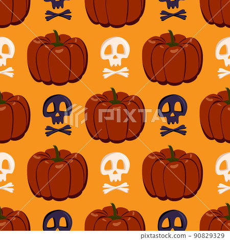 Seamless pattern with pumpkins and skulls. Festive autumn decoration for Halloween. Holiday October background Seamless pattern with pumpkins and skulls. Festive autumn decoration for Halloween. Holiday October background 90829329