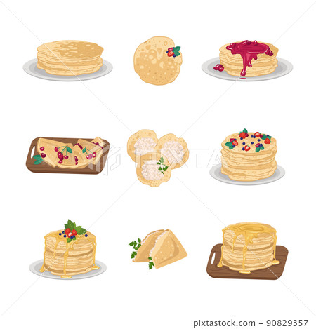 Set of thin pancakes on plate and wooden board with sweet berries, cottage cheese, jam and honey. Festive dish for Maslenitsa, carnival and Shrovetide. Delicious pastries. Vector flat illustration 90829357