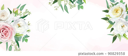 Elegant floral banner design with blush pink, neutral white, yellow rose flowers, seeded eucalyptus branches, greenery leaves bouquet. Watercolor style background. Wedding template vector illustration 90829358