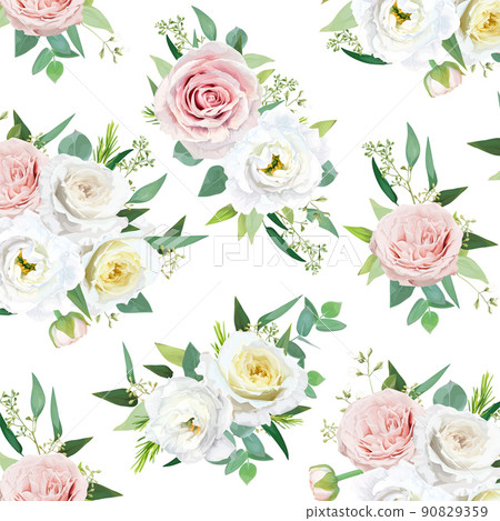 Floral seamless pattern, textile fabric, background. Beautiful ivory white lisanthus flowers, yellow garden roses, jasmine, green seeded eucalyptus leaves bouquet. Tender, feminine vector illustration 90829359