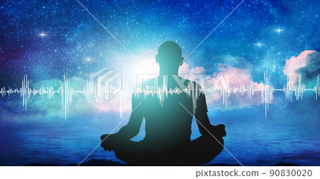 Yoga meditation illustration, silhouette of man practicing in mountains at sunset 90830020