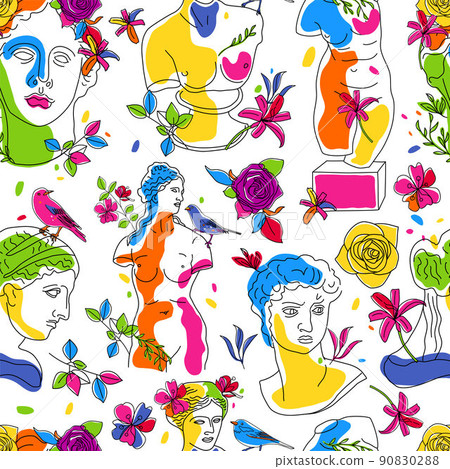 Seamless pattern of Modern conceptual art colorful with ancient statue with flowers isolated on white colored background. Collage of contemporary art. Fashion design. Seamless pattern of Modern conceptual art colorful with ancient statue with flowers isolated on white colored background. Collage of contemporary art. Fashion design. 90830288
