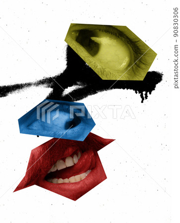 Contemporary art collage. Surreal artwork with different body parts, eyes, lips isolated over white backgrond 90830306