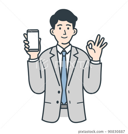 Illustration of a businessman holding a smartphone and making an OK pose 90830887
