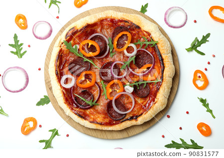 Concept of tasty food with Salami pizza on white background Concept of tasty food with Salami pizza on white background 90831577