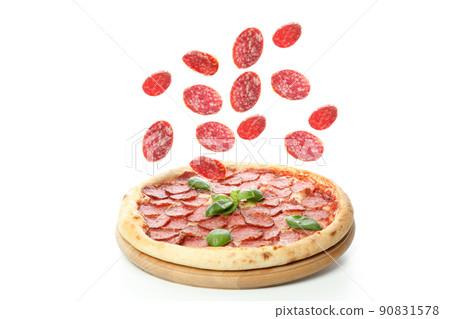 Concept of tasty food with Salami pizza on white background 90831578