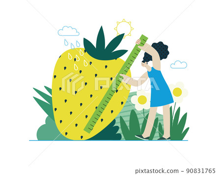 Ecology - Organic farming -Modern flat vector concept illustration of ecology metaphor, woman measuring a giant strawberry. Creative landing web page template 90831765