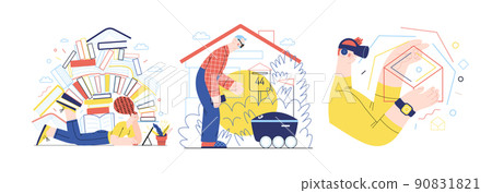 Technology Memphis illustrations -modern flat vector concept digital illustration on Ebook, Autonomous Delivery, Virtual Reality. Creative landing web page set 90831821