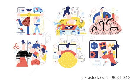 Technology Memphis illustrations Marketing and Promotion, Intelligent building, Artificial intelligence, Meet our team, Home Office, NFT non-fungible token. Creative landing web page illustrations set 90831840