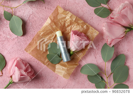 Concept of cosmetic with eco hygienic lipstick on pink background 90832078