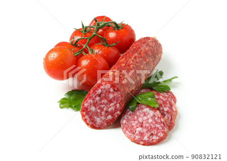 Concept of tasty food with salami sausage isolated on white background 90832121