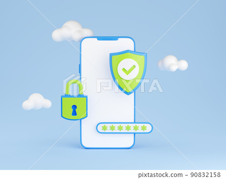Personal data secure 3d render - padlock, password field and checkmark shield on mobile phone screen. Personal data secure 3d render - padlock, password field and checkmark shield on mobile phone screen. 90832158