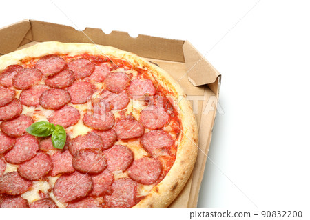 Tasty Salami pizza isolated on white background Tasty Salami pizza isolated on white background 90832200