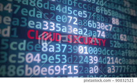 CLOUD SECURITY text and source code on the computer monitor, 3D rendering 90832521