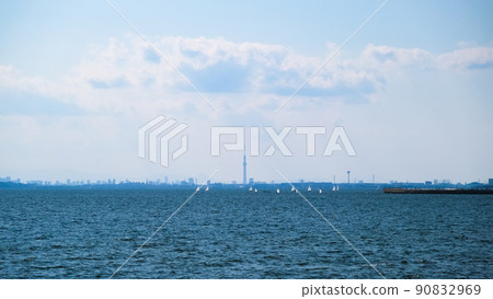 東京天空樹,從千葉縣美濱區稻毛海濱公園看到的東京城市景觀 東京天空樹,從千葉縣美濱區稻毛海濱公園看到的東京城市景觀 90832969