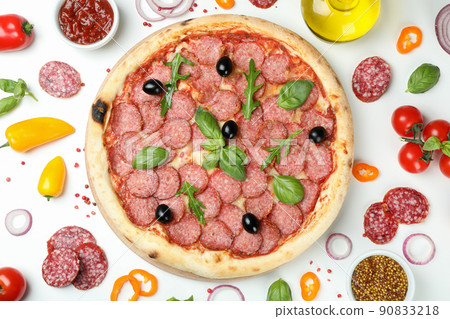 Concept of tasty food with Salami pizza on white background 90833218