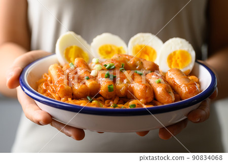 Korean spicy instant noodle with Tteokbokki, sausage and egg on plate holding by hand Korean spicy instant noodle with Tteokbokki, sausage and egg on plate holding by hand 90834068