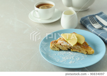 Concept of tasty food with apple pie on textured background 90834097