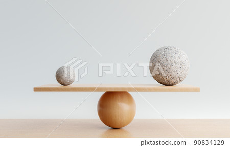 Wooden scale balancing with one big ball and one small ball. Harmony and balance concept. 3D illustration rendering 90834129