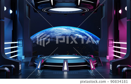 Sci-fi product podium showcase in empty spaceship room with blue earth background. Cyberpunk blue and pink color neon space technology and entertainment object concept. 3D illustration rendering Sci-fi product podium showcase in empty spaceship room with blue earth background. Cyberpunk blue and pink color neon space technology and entertainment object concept. 3D illustration rendering 90834181