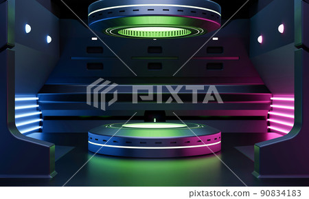 Cyberpunk sci-fi product podium showcase in spaceship with green blue and pink neon lighting background. Technology and object concept. 3D illustration rendering Cyberpunk sci-fi product podium showcase in spaceship with green blue and pink neon lighting background. Technology and object concept. 3D illustration rendering 90834183