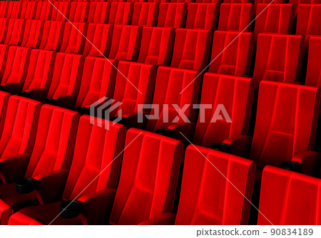 Rows of red velvet seats watching movies in the cinema with copy space banner background. Entertainment and Theater concept. 3D illustration rendering 90834189