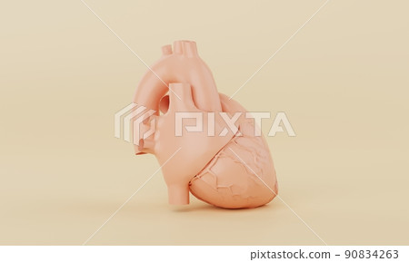 Orange simple heart model on yellow background. Medical science healthcare and abstract object concept. 3D illustration rendering Orange simple heart model on yellow background. Medical science healthcare and abstract object concept. 3D illustration rendering 90834263