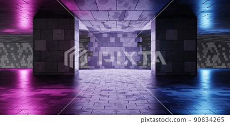 Empty room with retro tile wall and blue and purple-pink neon light background. Abstract architecture and cyber technology for advertising concept. 3D illustration rendering Empty room with retro tile wall and blue and purple-pink neon light background. Abstract architecture and cyber technology for advertising concept. 3D illustration rendering 90834265